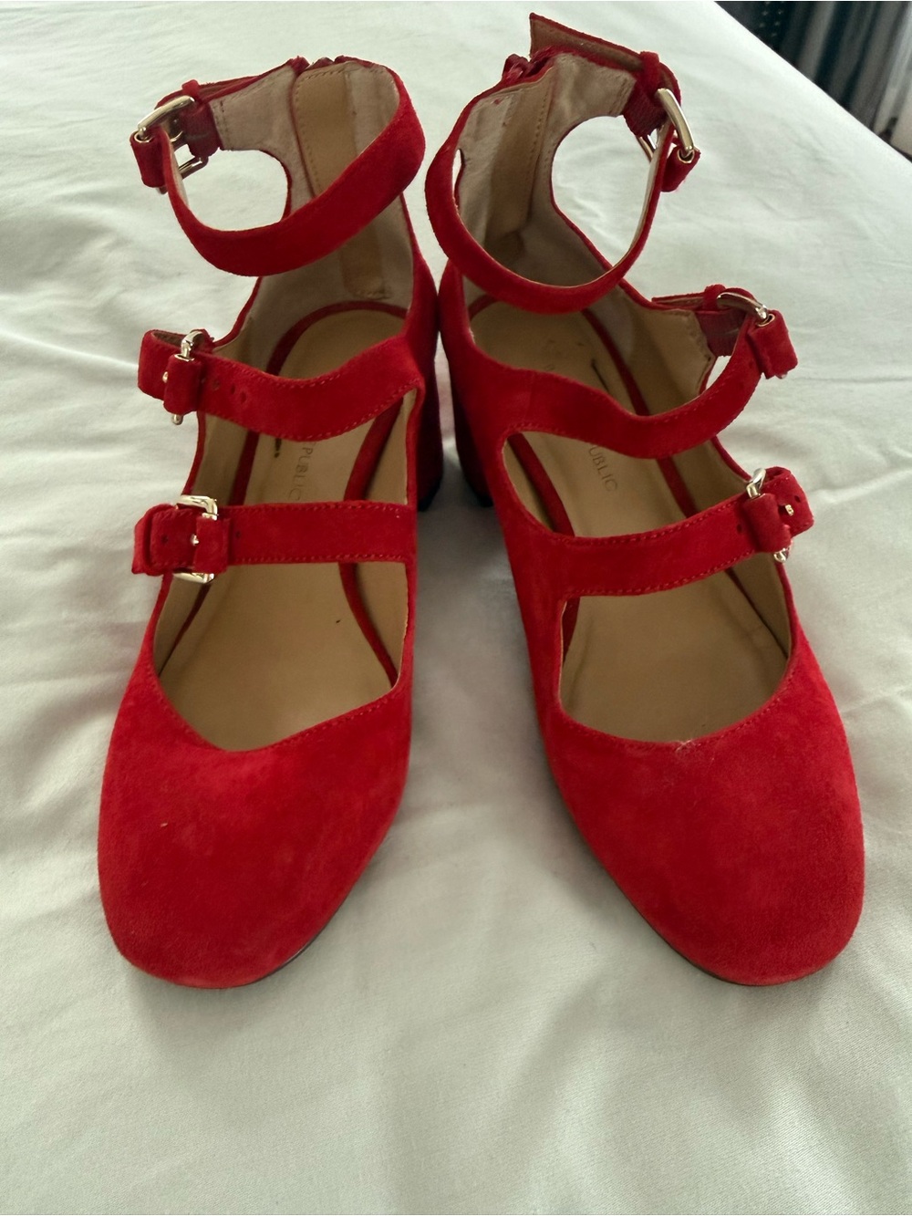 Banana Republic Red Suede Triple-Strap Block Heels